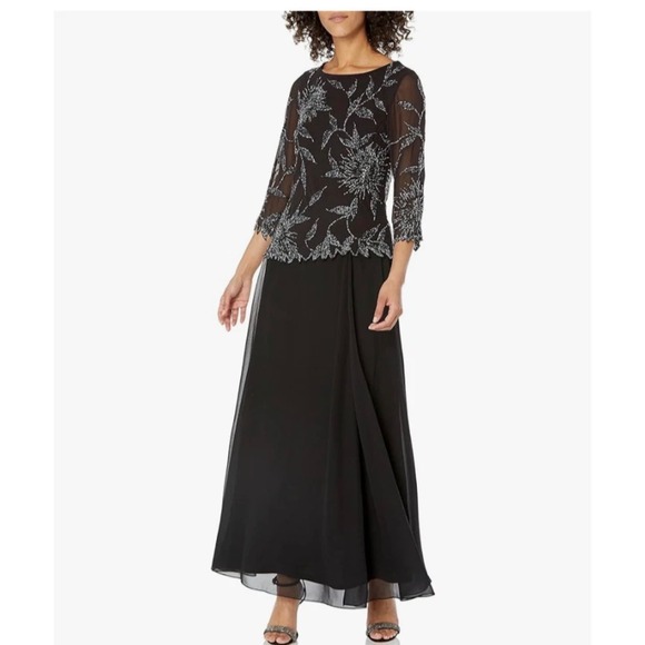 J Kara Dresses & Skirts - J Kara Black Beaded Floral Chiffon Gown 3/4 Sleeve Formal Evening Dress 8P NWT
